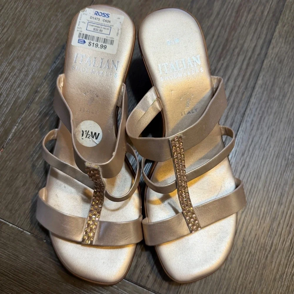 Italian Shoemakers Womens Rose Gold Rhinestone in Gold Wedge Sandals‎ 9.5W Italy